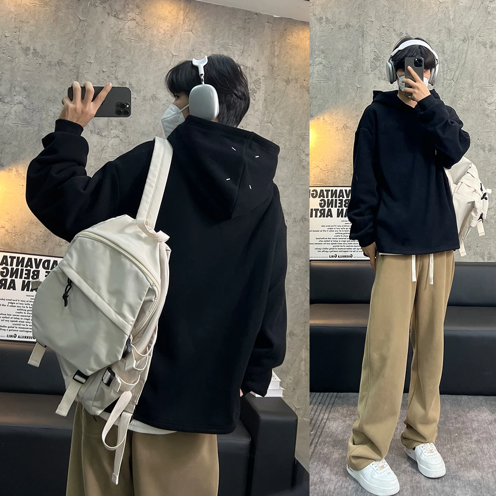 隐藏口袋连帽卫衣男阳光男生春秋重磅刺绣宽松套头衫休闲纯色上衣