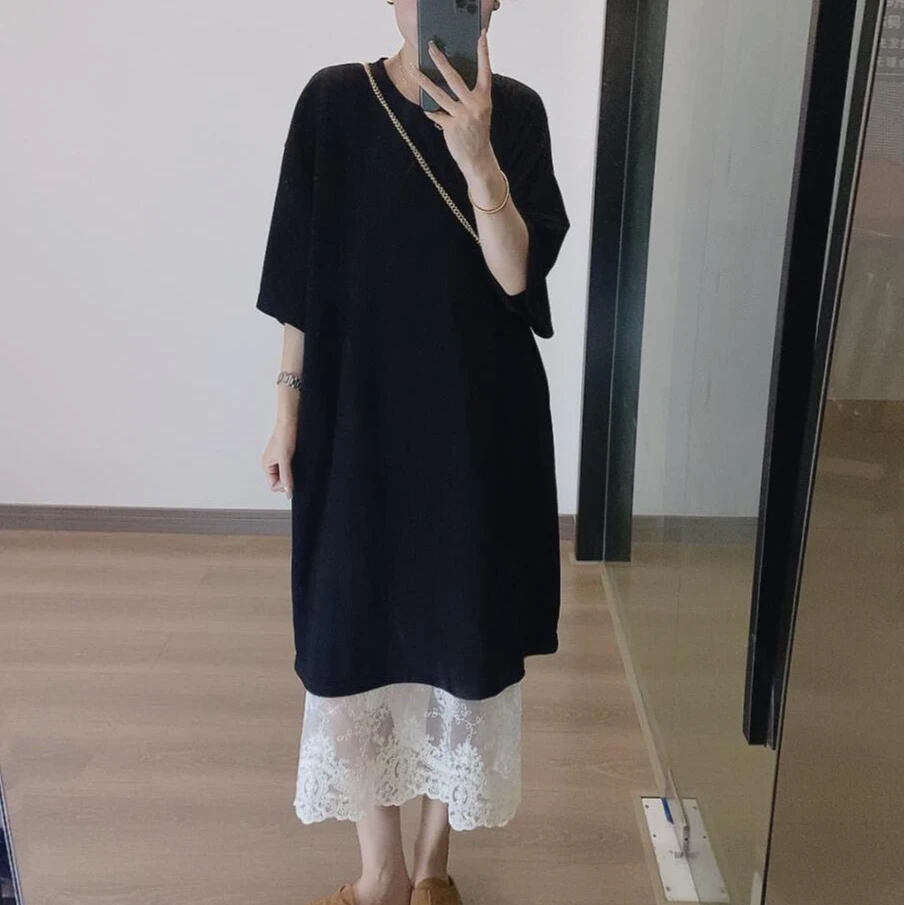 小个子慵懒风短袖T恤裙女新款宽松显瘦长裙蕾丝纱裙设计感两件套