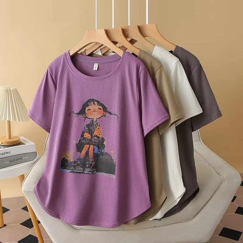 2024年夏季新款时尚百搭大码显瘦竹节棉印花短袖100—200斤