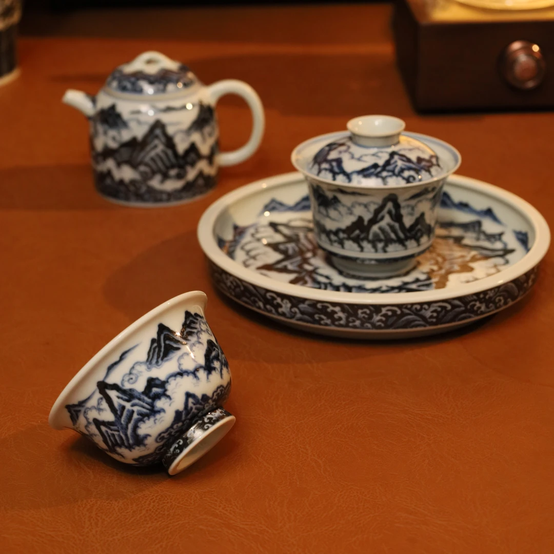 景德镇布一窑柴窑青花千里江山主人杯压手杯秦权壶盖碗壶承