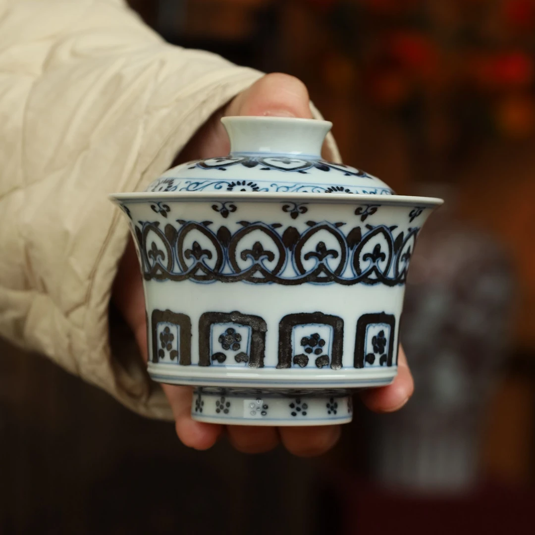 布一窑柴窑青花仿明宝相花马蹄盖碗二才150cc景德镇陶瓷