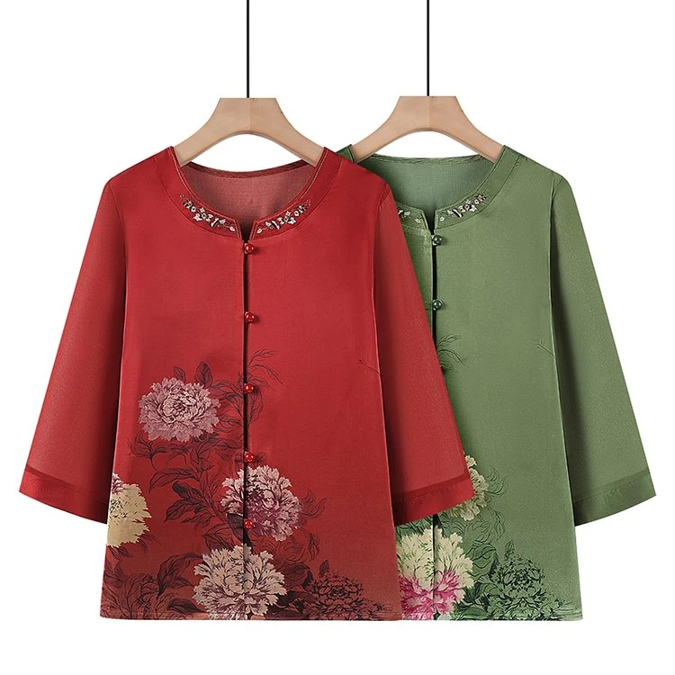 衬衫大码长袖中老年女装复古夏季老年人中国风宽松薄款夏装七分袖