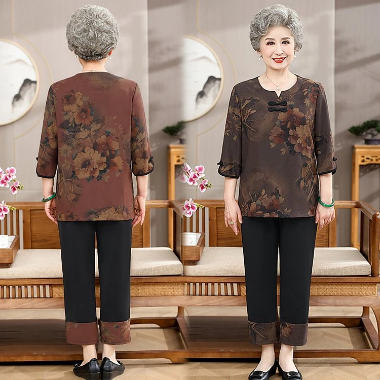 奶奶装套装新款两色套装百搭春秋夏季长袖中老年老年人老太太