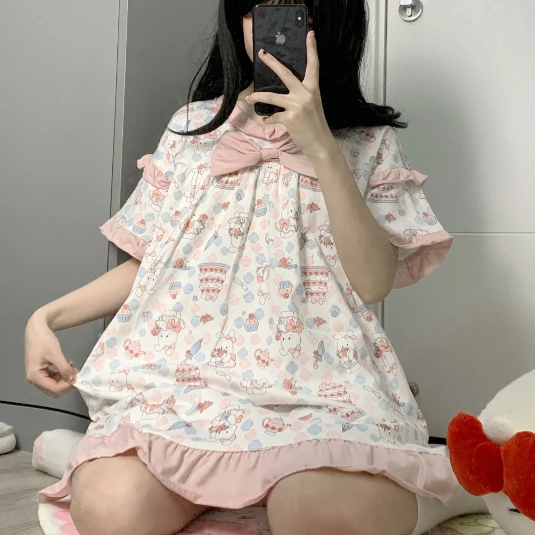 原创！新款蛋糕兔睡裙夏季圆领短袖女可爱卡通软妹学生家居服睡衣