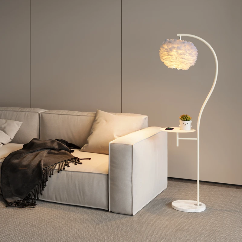 羽毛落地灯奶油风北欧客厅书房卧室床头灯网红创意带茶几立式台灯