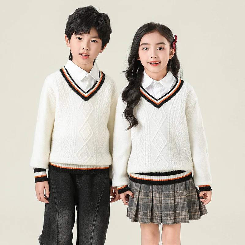 秋冬新款儿童韩版小香风绞花～V领撞色针织男女童山羊绒套头衫