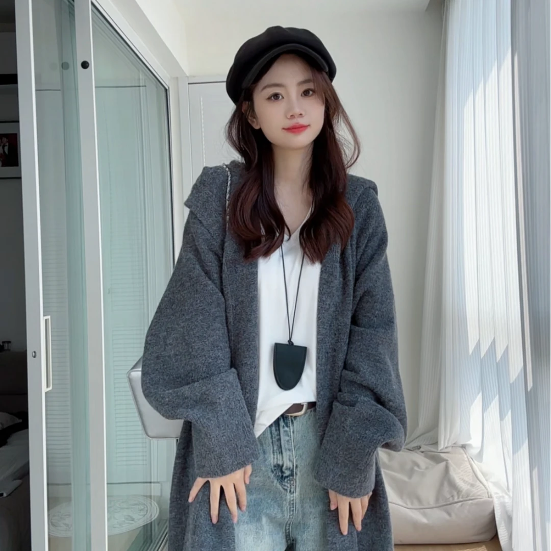 【新品】2024秋新款连帽长毛衣开衫针织衫百搭慵懒风网红外套女