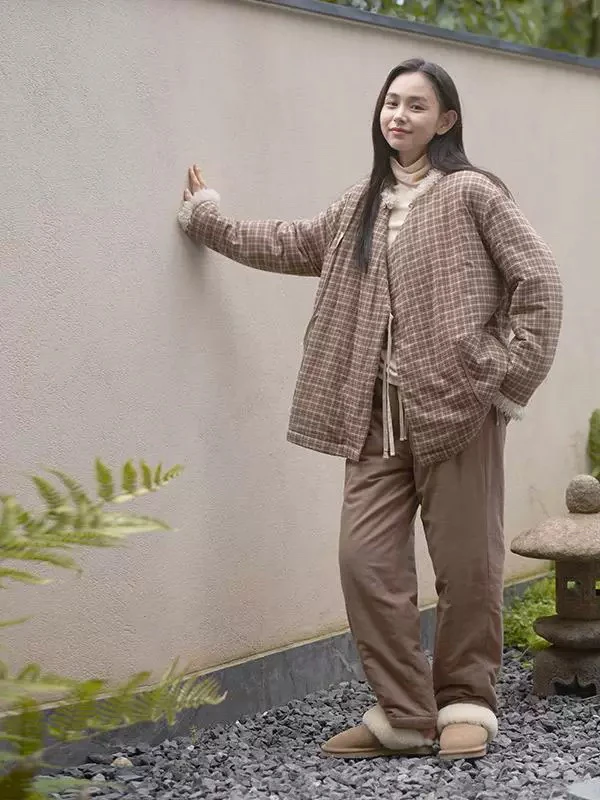 242-015朵朵可可睡衣女2024新款冬季夹棉加绒斜襟游牧格纹家居服