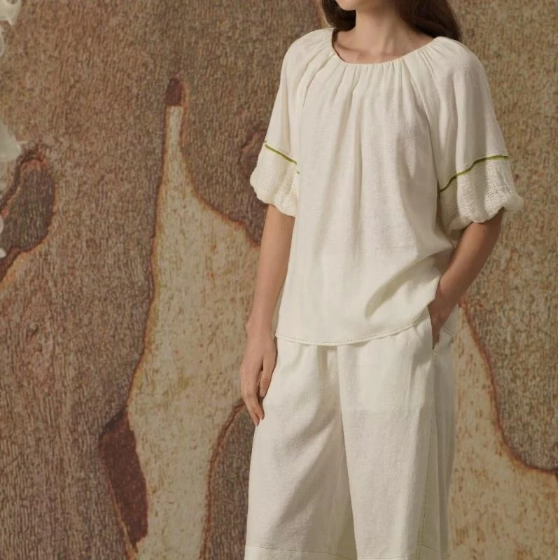 006朵朵可可睡衣女2023春夏季新款亚麻花苞袖短袖短裤家居服套装