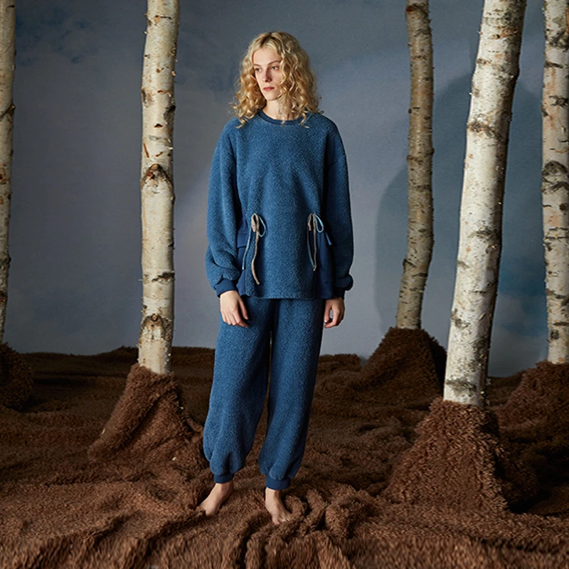 222-044朵朵可可睡衣女新款秋冬季加厚双面绒纯色收腰套头家居服