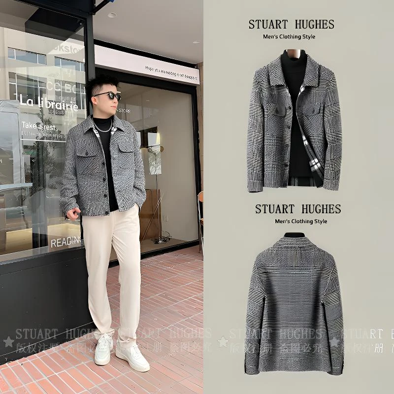 双色羊毛宽松短款双面呢夹克翻领呢子男外套英伦帅气百搭休闲痞帅