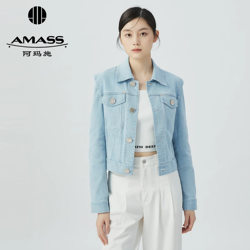 阿玛施AMASS复古丹宁风翻领单排扣长袖牛仔秋季夹克外套5400635