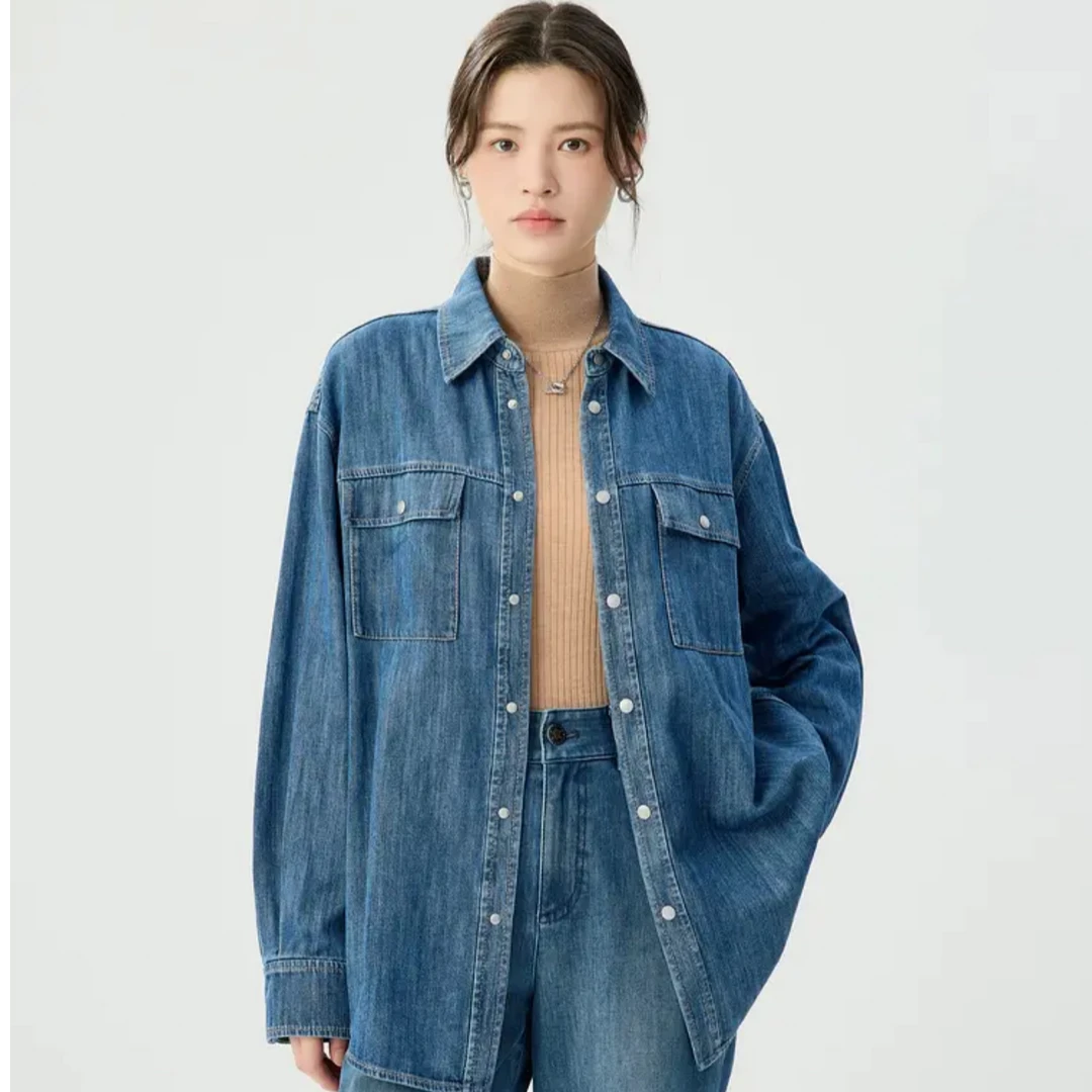 阿玛施AMASS经典复古丹宁廓形风衣洋气牛仔长袖纯色衬衫5300971