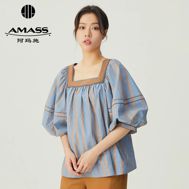 阿玛施AMASS新款女装气质减龄质感方领泡泡中袖宽松上衣女5300627