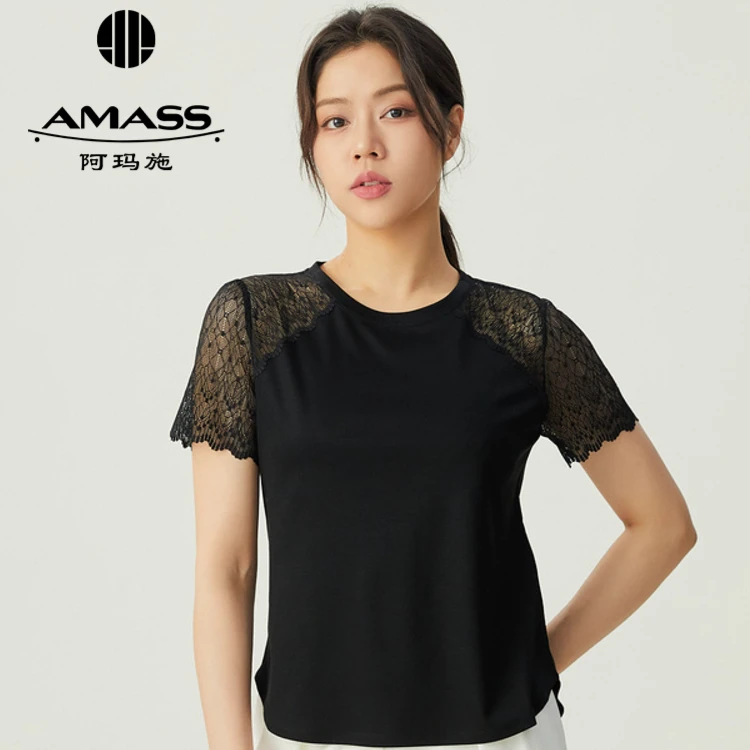 阿玛施AMASS新款蕾丝T女装质感百搭极简风蕾丝薄款短袖5301053