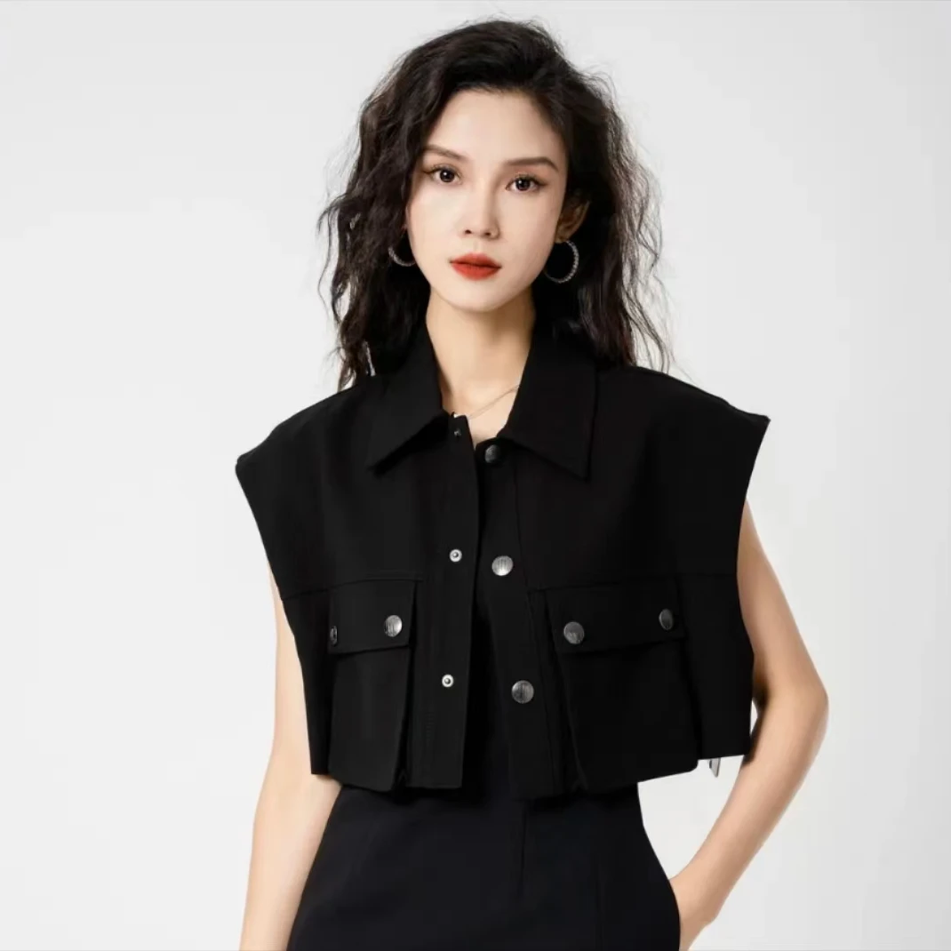 阿玛施AMASS新款女装美拉德风百搭单排扣工装口袋纯色马甲5400706