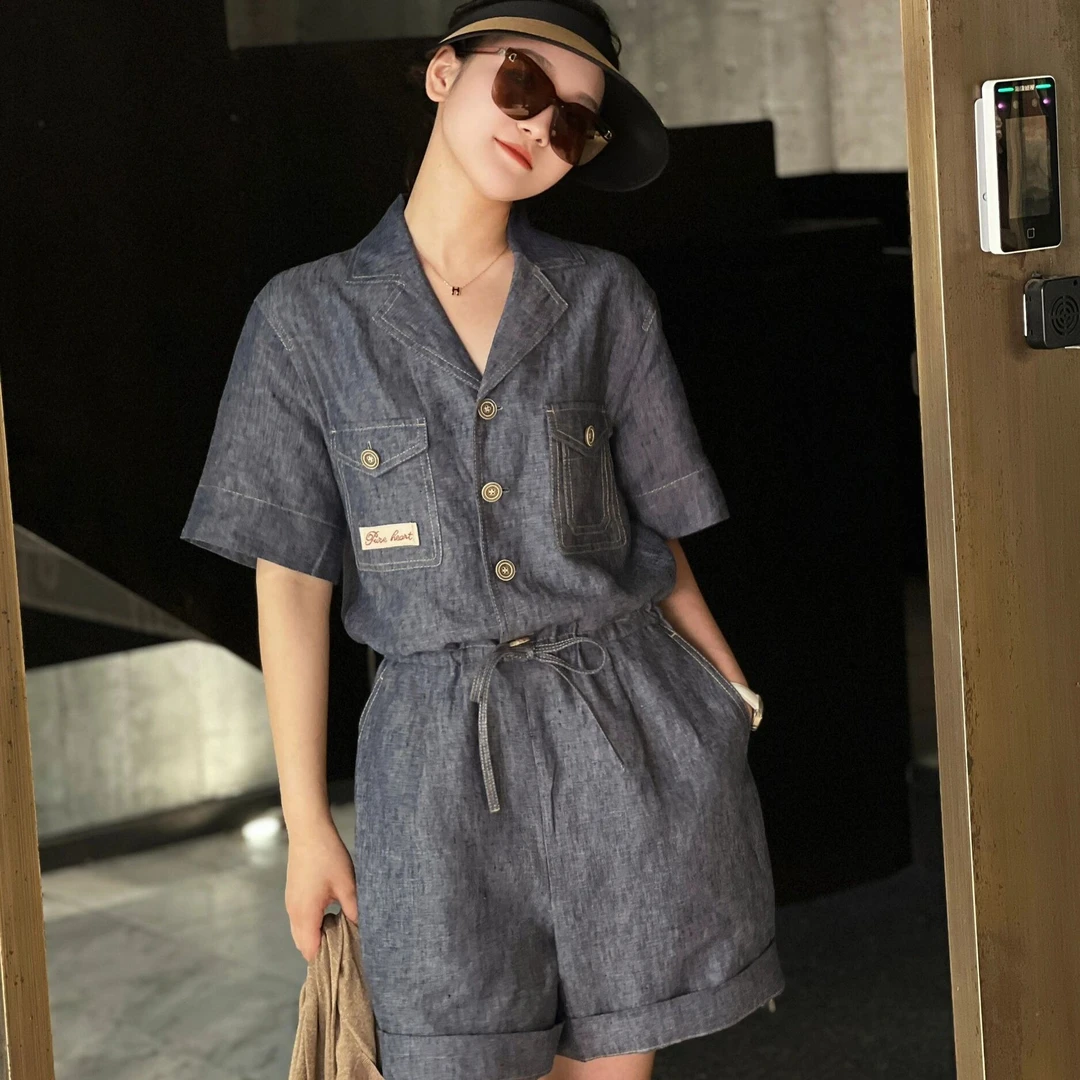 阿玛施AMASS新款女装休闲质感清爽舒适工装风亚麻连体短裤5100445