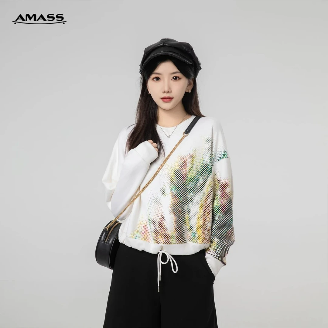 阿玛施AMASS郁金香系列暗黑风数码印花长袖圆领廓形卫衣5300981