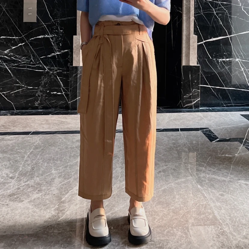 阿玛施AMASS新款女装休闲百搭亚麻中高腰九分哈伦裤附腰带5100397