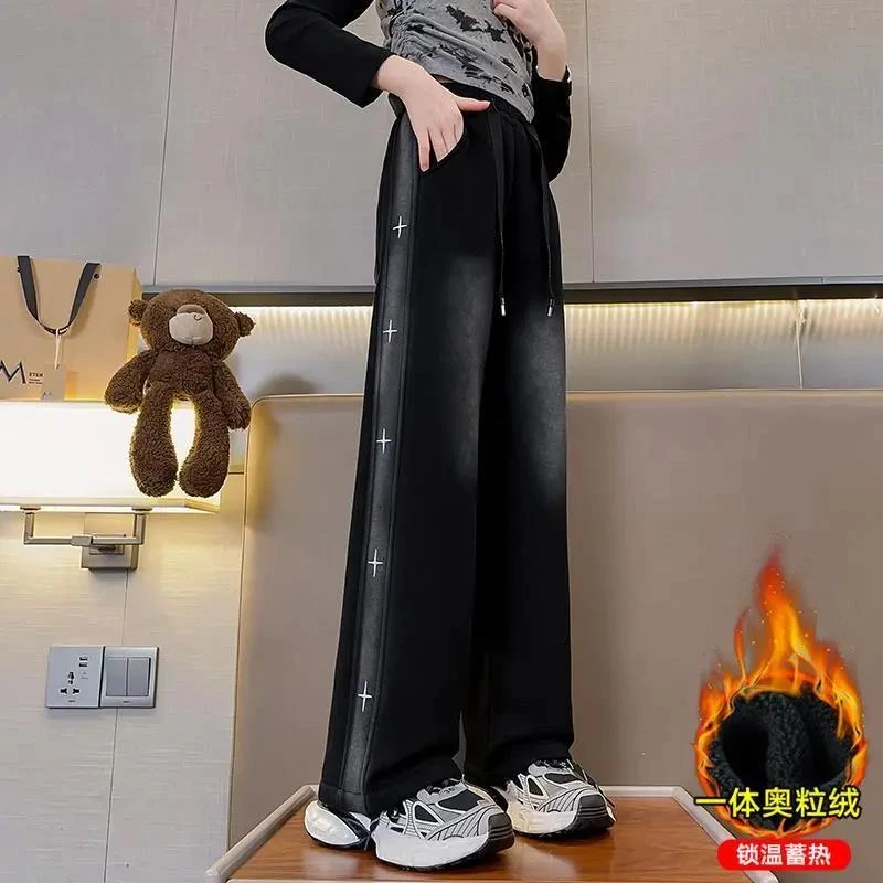 女童加绒裤子一体绒牛仔裤2023新款大童冬季加厚阔腿裤儿童冬装裤