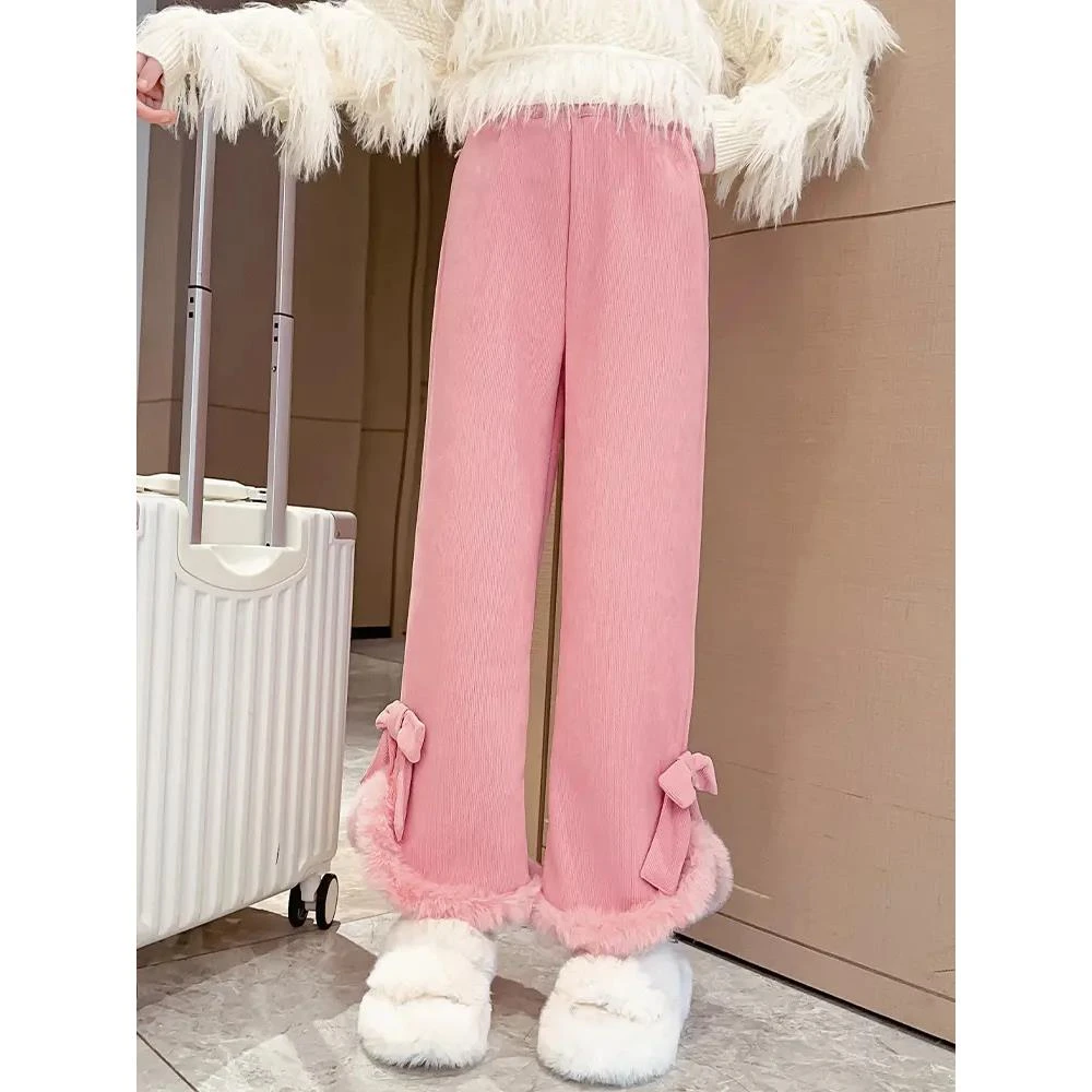 女童加绒裤子秋冬2023新款儿童冬季加厚雪尼尔阔腿裤微大童喇叭裤