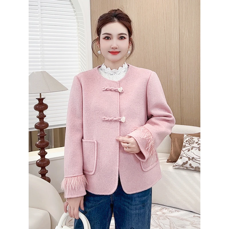 【名媛100绵羊毛呢】MsShe大码女装冬新小香风双面呢外套S~M2410028