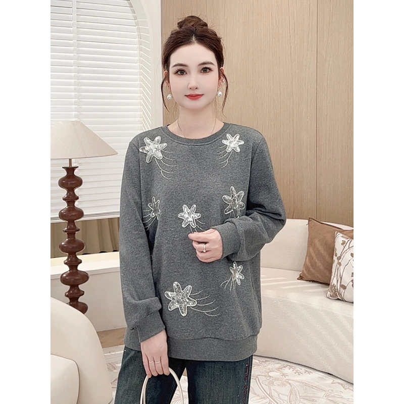 【银狐绒星星刺绣卫衣】MsShe大码女装冬珠片绣上衣S~E2411021