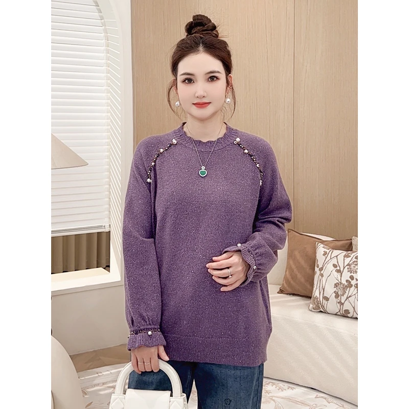 【28支亮丝仿兔绒纱】MsShe大码女冬轻奢钉珠喇叭袖毛衣TS~E2410004