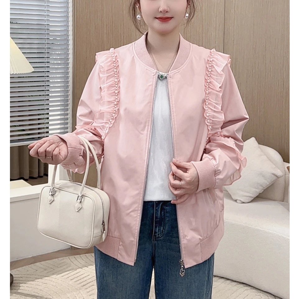 【重工钉珠棒球服】MsShe大码女装秋冬木耳边拼接夹克外套E2409040