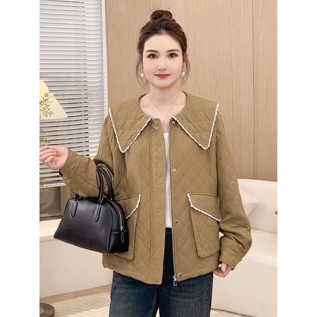 【减龄娃娃领菱格外套】MsShe大码女装新秋提花珠链棉服S~E2409038