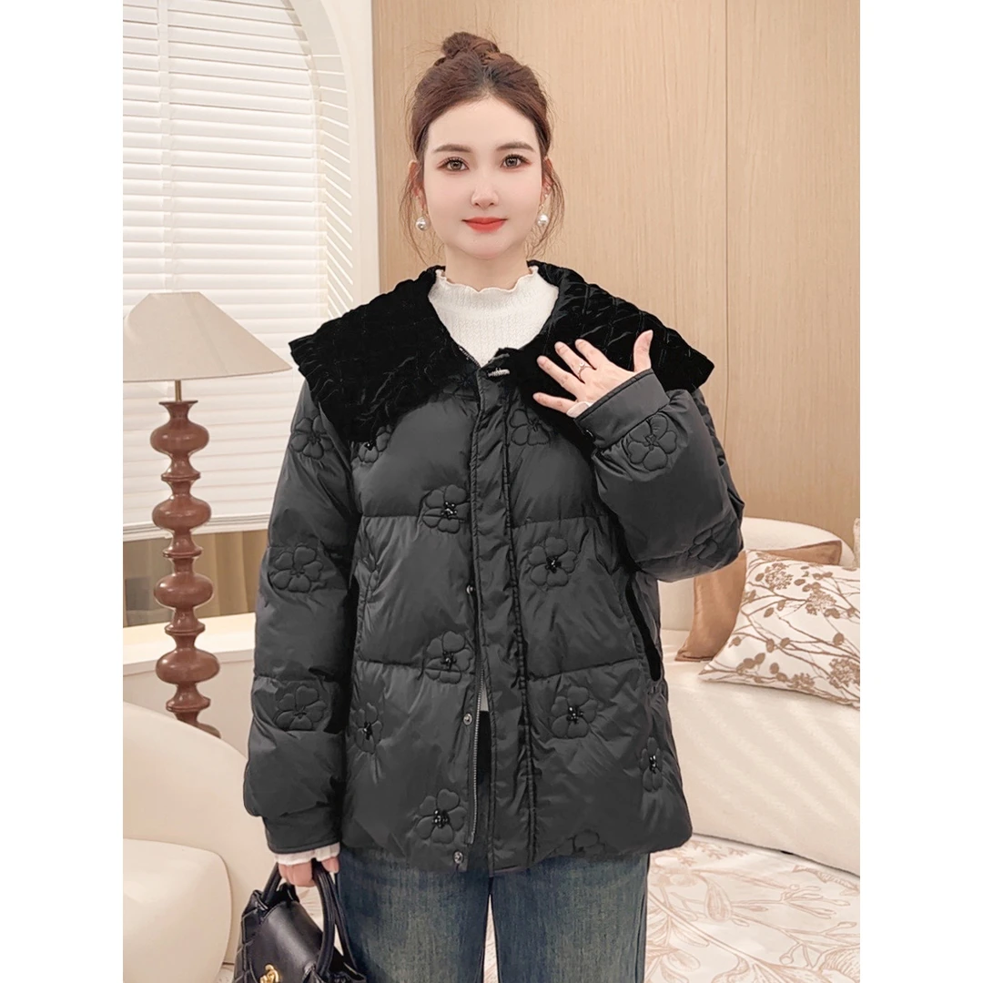 【设计感钉珠刺绣翻领好羽绒服】MsShe大码女装冬新外套S~E2411007