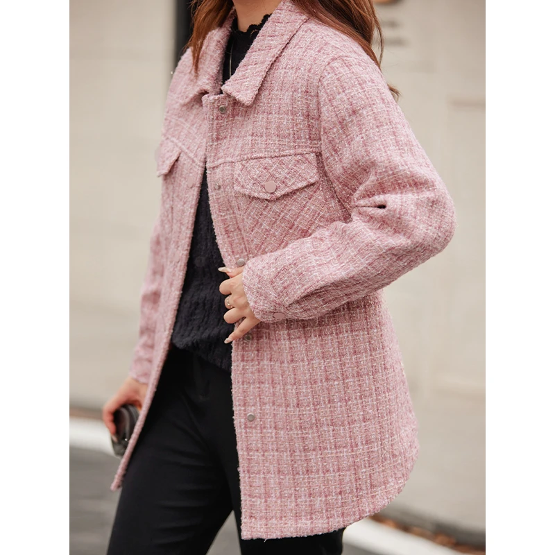 MsShe大码女装秋冬气质小香风宽松翻领粗花呢外套E2403027