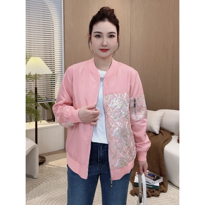 【提花缎面棒球服】MsShe大码女装设计感拼接夹克外 套S~E2402017