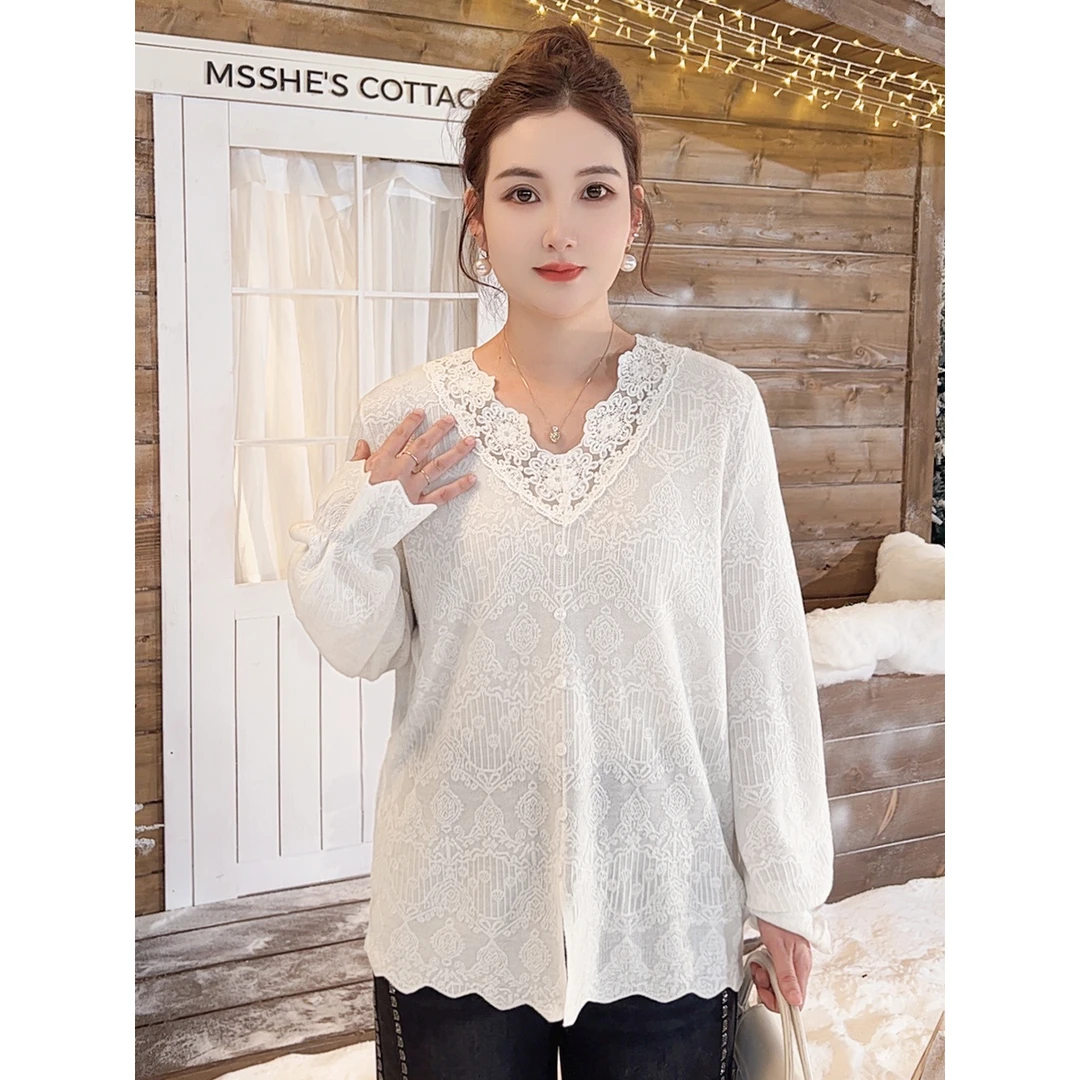 【桑蚕丝混纺提花针织衫】MsShe大码女装春法式蕾丝上衣S~E2411071