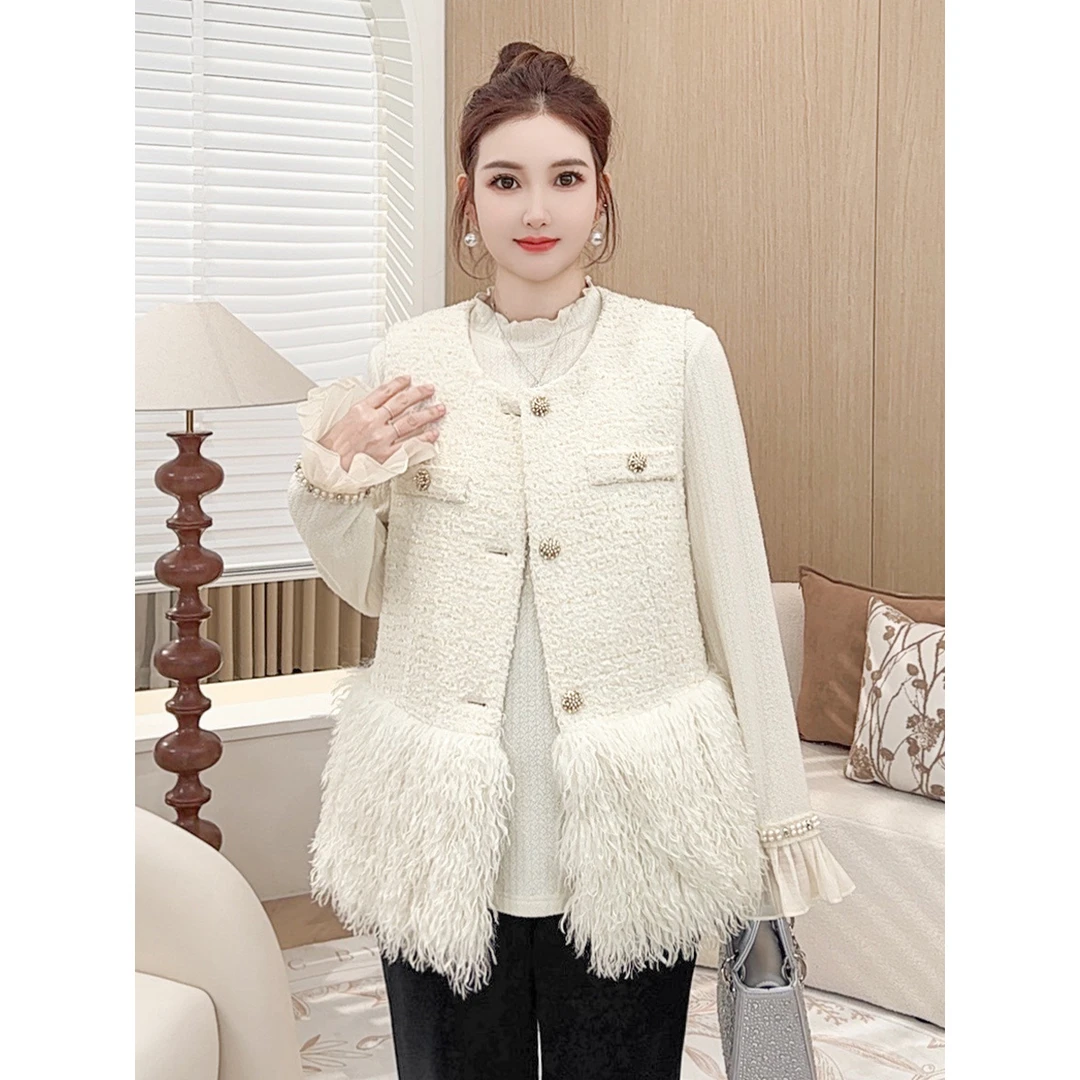 【夹棉加厚仿羊羔毛小香风马甲】MsShe大码女装冬粗花呢S~E2411092