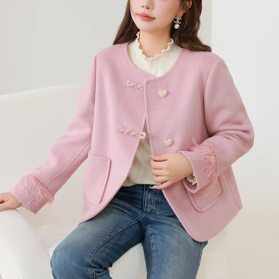 【100%绵羊毛】MsShe大码女装冬新中式国风盘扣双面呢外套M2410028