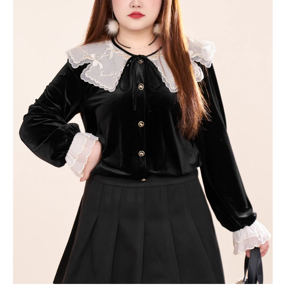 MsShe大码女装新款秋装千金风娃娃领绑带丝绒衬衫S~F2311016