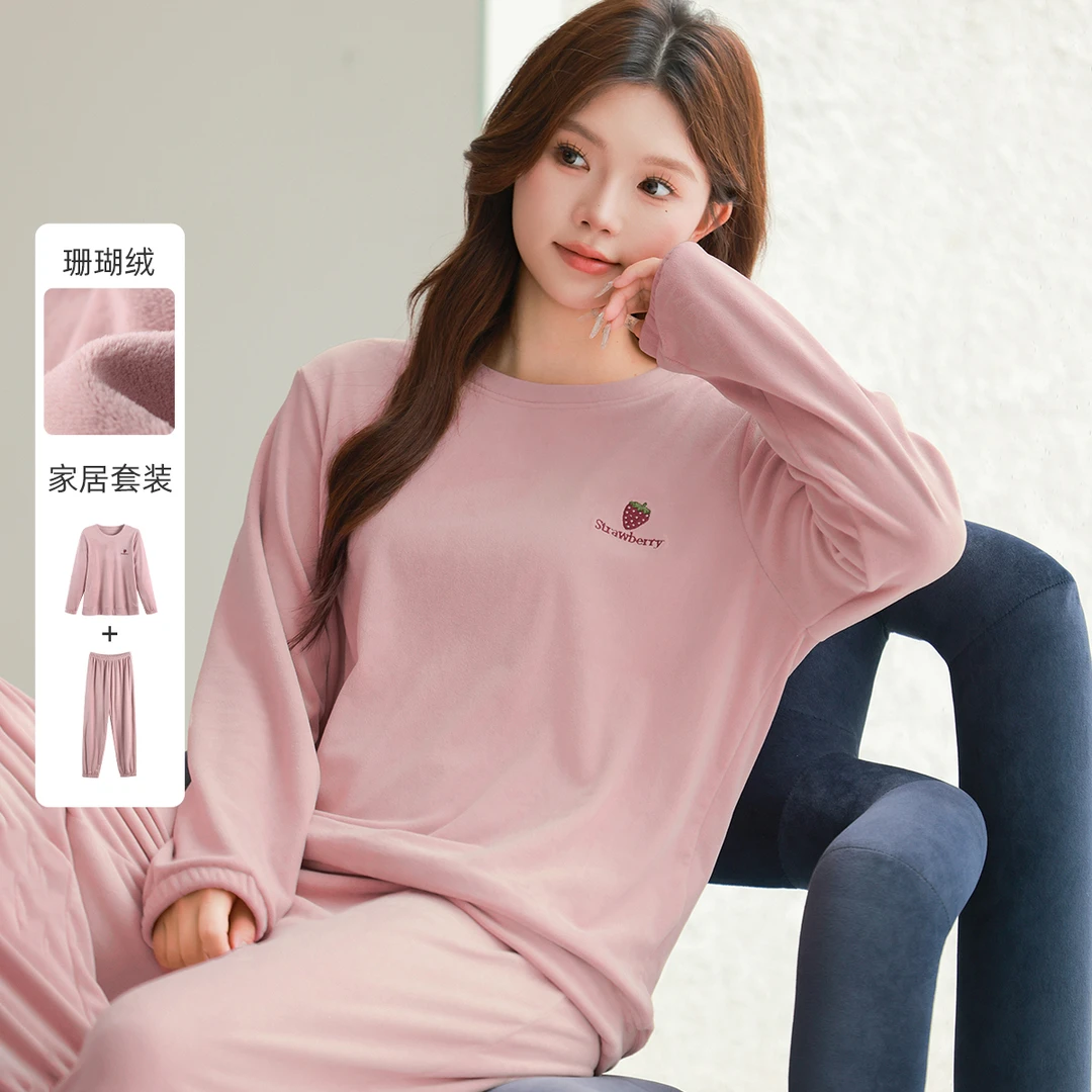 【280g珊瑚绒】MsShe大码女装刺绣上衣长裤家居服套装S~M2410107