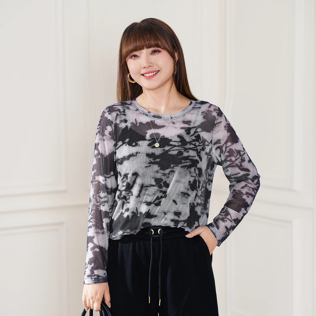 MsShe大码女装秋潮流迷彩印花打底内搭网纱衫T恤S~M2408195