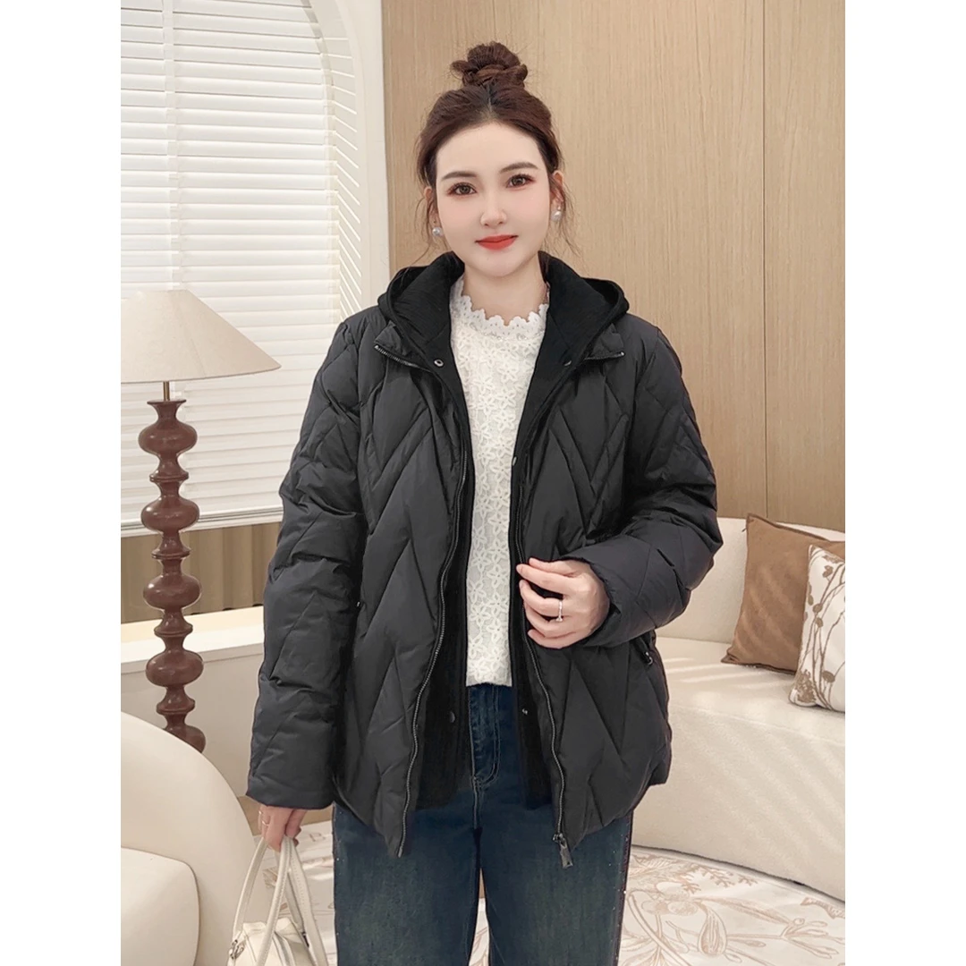 90白鸭绒假两件好羽绒服】MsShe大码女装冬新连帽外套S~M2410033