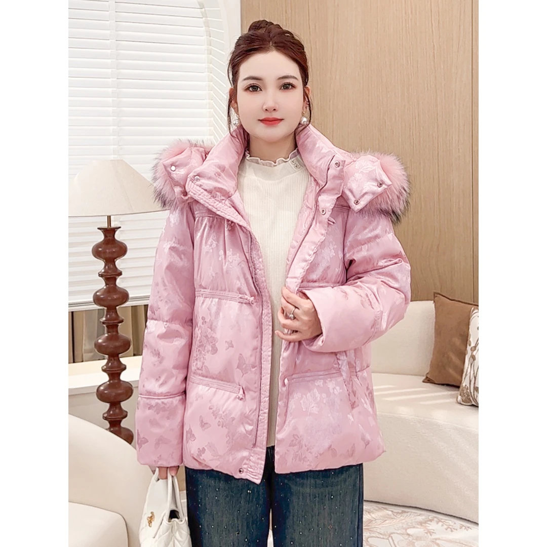 【貉子毛+90白鸭绒提花好羽绒服】MsShe大码女装冬新防寒S~E2411006