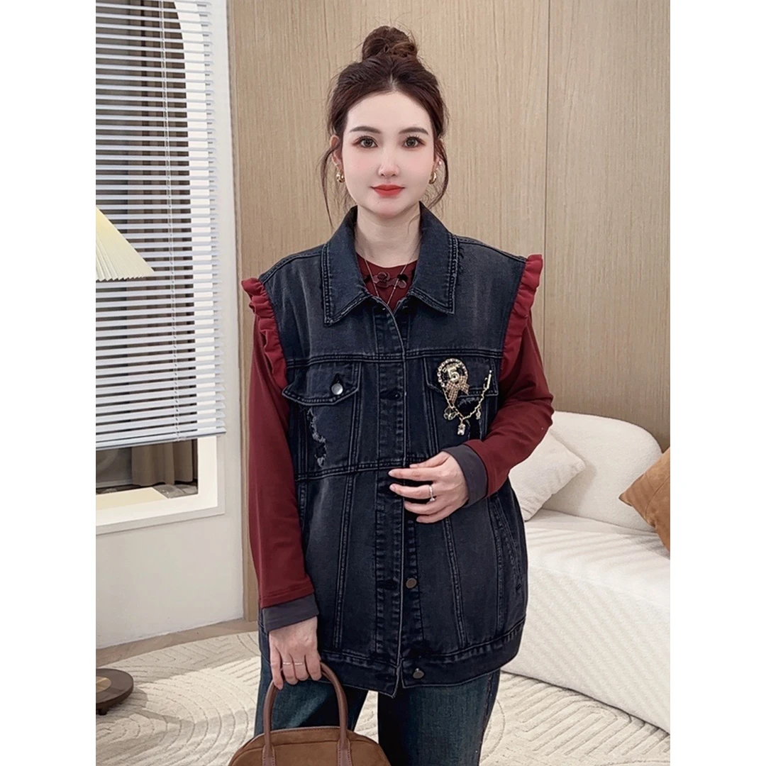 【潮流复古风牛仔马甲配胸针】MsShe大码女装拼接小飞袖S~E2409051