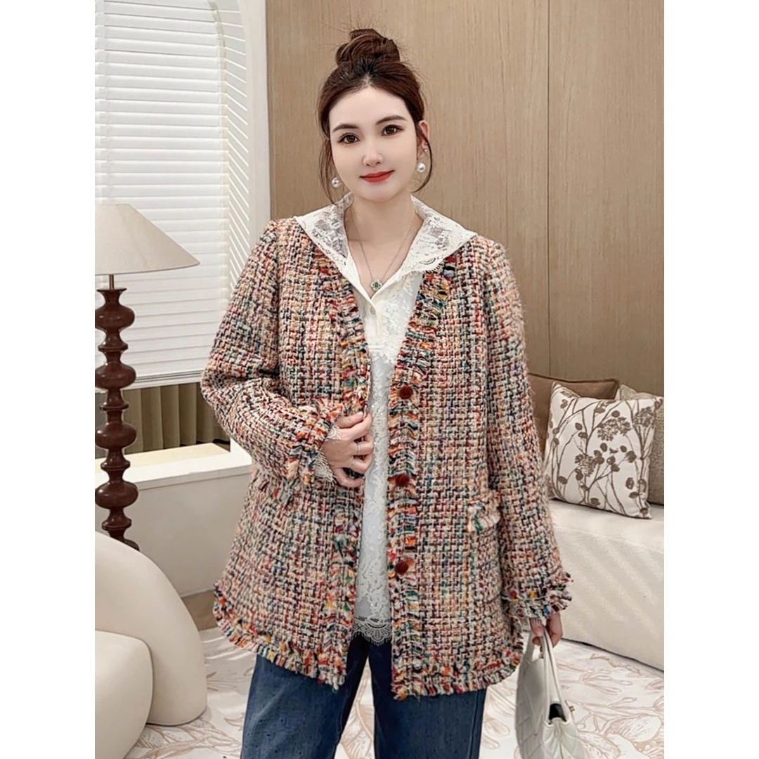 【夹棉加厚重工粗纺彩色编织小香风】MsShe大码棉衣外套S~E2411052