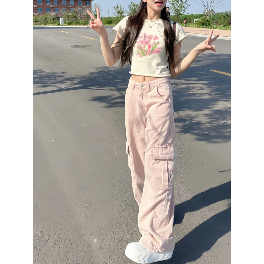粉色牛仔工装裤女2024春夏甜辣高腰直筒宽松垂感阔腿拖地工装裤
