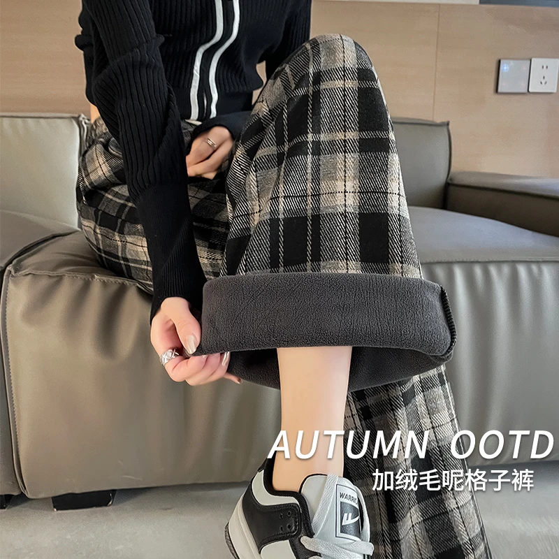黑色加绒格子阔腿裤女高腰显瘦抽绳休闲裤秋冬新款百搭宽松阔腿裤