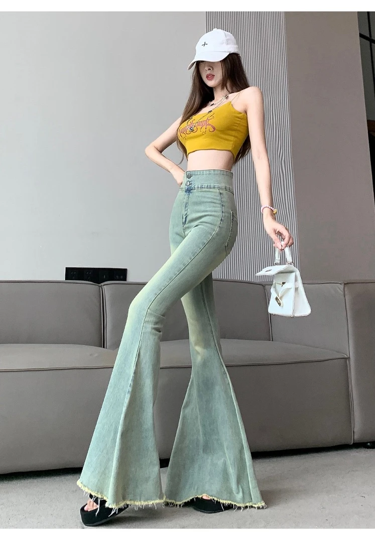 【小个子专属】美式复古鱼尾大喇叭高腰弹力显瘦垂感牛仔毛边拖地裤