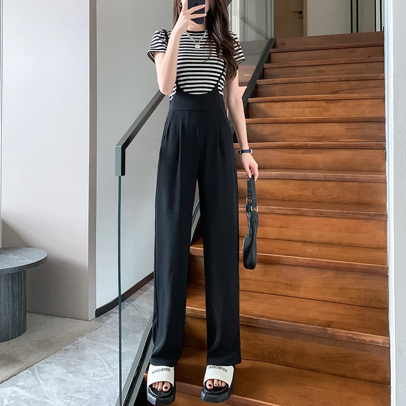 【小个子定制】2024黑色阔腿西装背带裤显瘦显高连体吊带休闲垂感裤