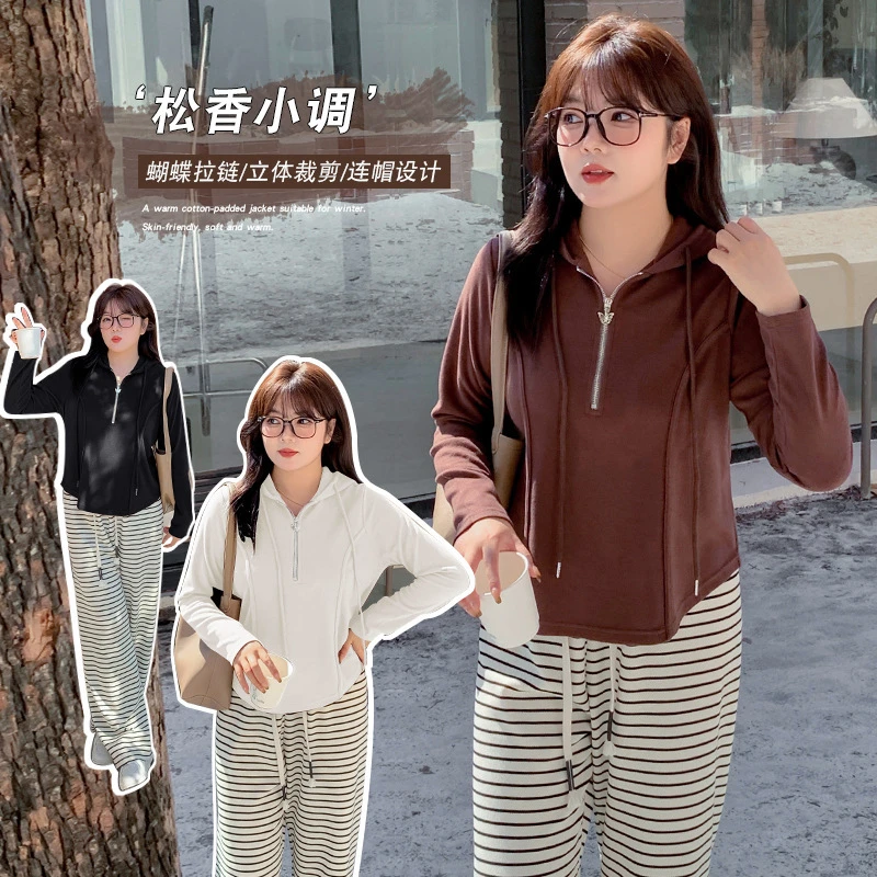 W1111冬季新品加肥胖mm设计感上衣大码微胖连帽小衫 拉链上衣套头