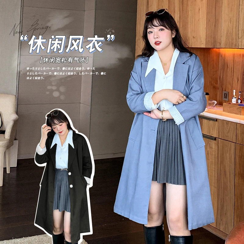 胖妹妹大码女装加肥宽松长版西服式外套个性风衣6721