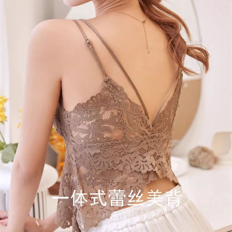 夏季蕾丝大码吊带美背心女一体式固定杯带胸垫外穿内搭不跑杯薄款